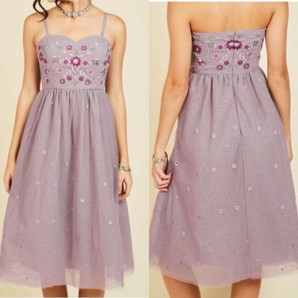 ModCloth Lavender Embroidered Midi Dress with Spaghetti Straps